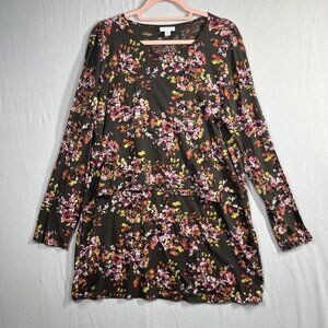 J Jill Dress Womens Large Tall Brown Floral Long Sleeve Drop Waist Stretch Tunic